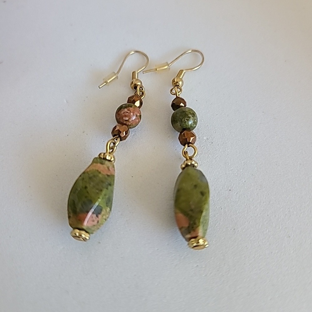 Dangle Earrings Green Unakite Gemstone Gold‎ Tone Accents Women's Jewelry